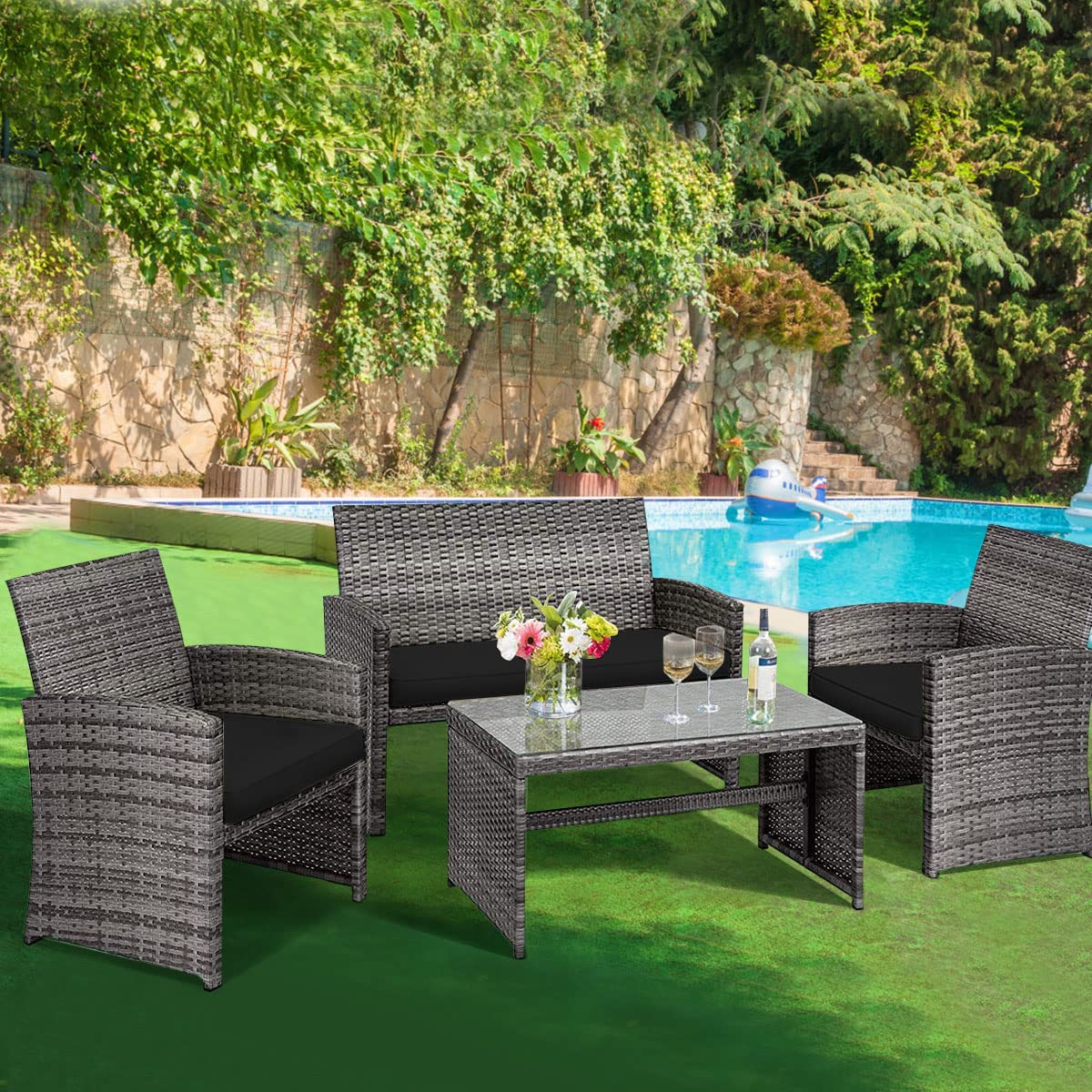 HAPPYGRILL 4 PCS Patio Conversation Set with Soft Cushions Rattan Furniture Set with PE Wicker Coffee Table & Sofa Chairs for Garden Poolside Porch Backyard