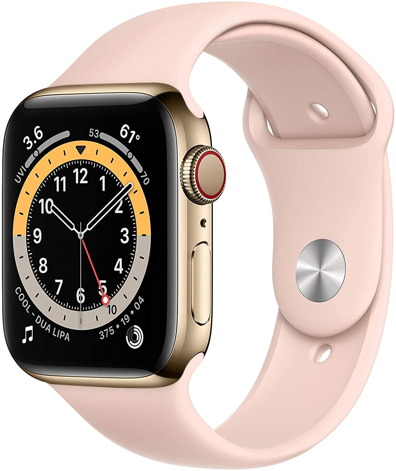 Apple Watch Series 6 (GPS + Cellular, 40mm) Gold Stainless Steel Case with Pink Sport Band (Renewed)