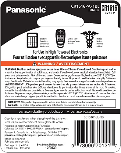 Panasonic CR1616 3.0 Volt Long Lasting Lithium Coin Cell Batteries in Child Resistant, Standards Based Packaging, 2-Battery Pack