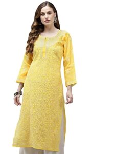 ada indian hand embroidered chikankari women's cotton straight tunic kurti kurta a411345 (yellow, 5xl)