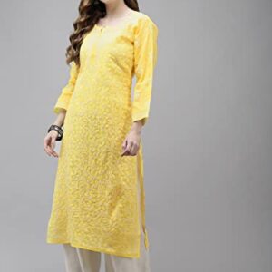 Ada Indian Hand Embroidered Chikankari Women's Cotton Straight Tunic Kurti Kurta A411345 (Yellow, 5XL)