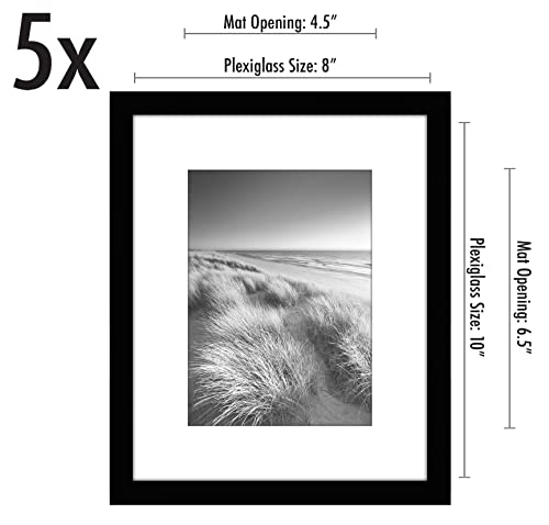 Americanflat 8x10 Picture Frame with Polished Plexiglass - Set of 5 - Use as 5x7 Frame with Mat or 8x10 Frame Without Mat - Galleria Collection - Gallery Frames for Tabletop and Wall Display - Black