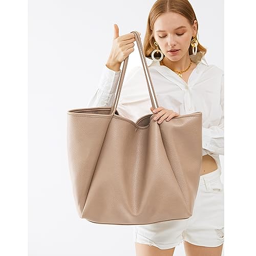 HOXIS Oversize Vegan Leather Tote Women Weekender Bag Shopper Handbag Travel Purse (Nude)