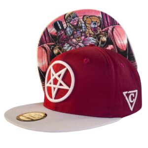 capiche [99+ variations] red and white baseball cap for men, cursed dolls, scary snapback hat unisex, pentagram front logo in beige embroidered. teddy and scarred dolls, horror theme