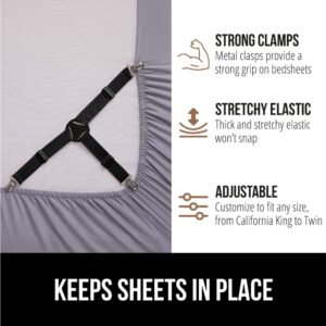 Gorilla Grip Bed Sheet Straps, Adjustable Elastic Fasteners with Metal Clips, Keep in Place Fitted Bedding Holder, Easy Install Suspenders Mattresses, Firm Tight Accessories, 4 Pack Black