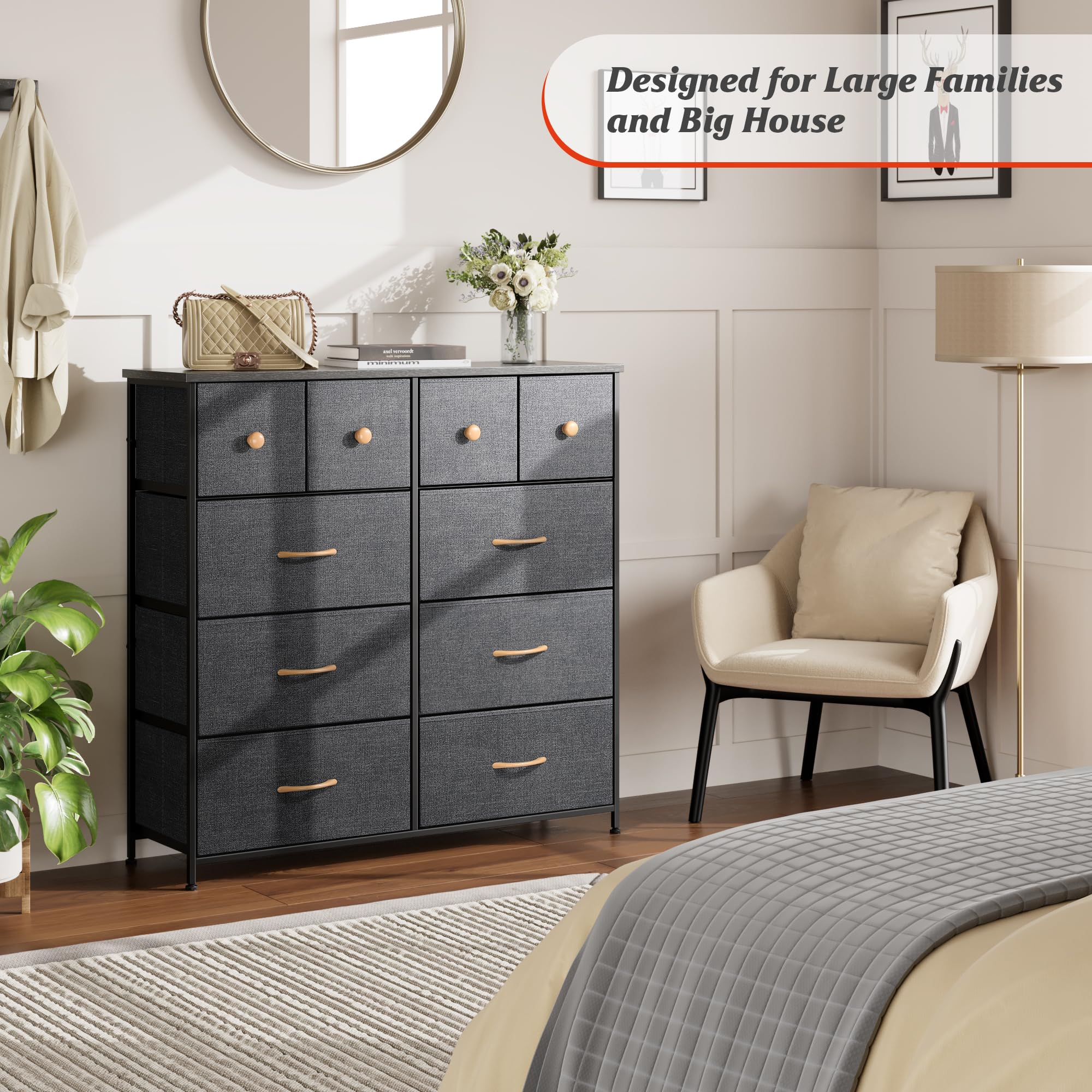 Nicehill Dresser for Bedroom with 10 Drawers, Storage Drawer Organizer, Tall Chest of Drawers for Closet, Living Room, Hallway, Entryway, Fabric Drawers (Black Grey)