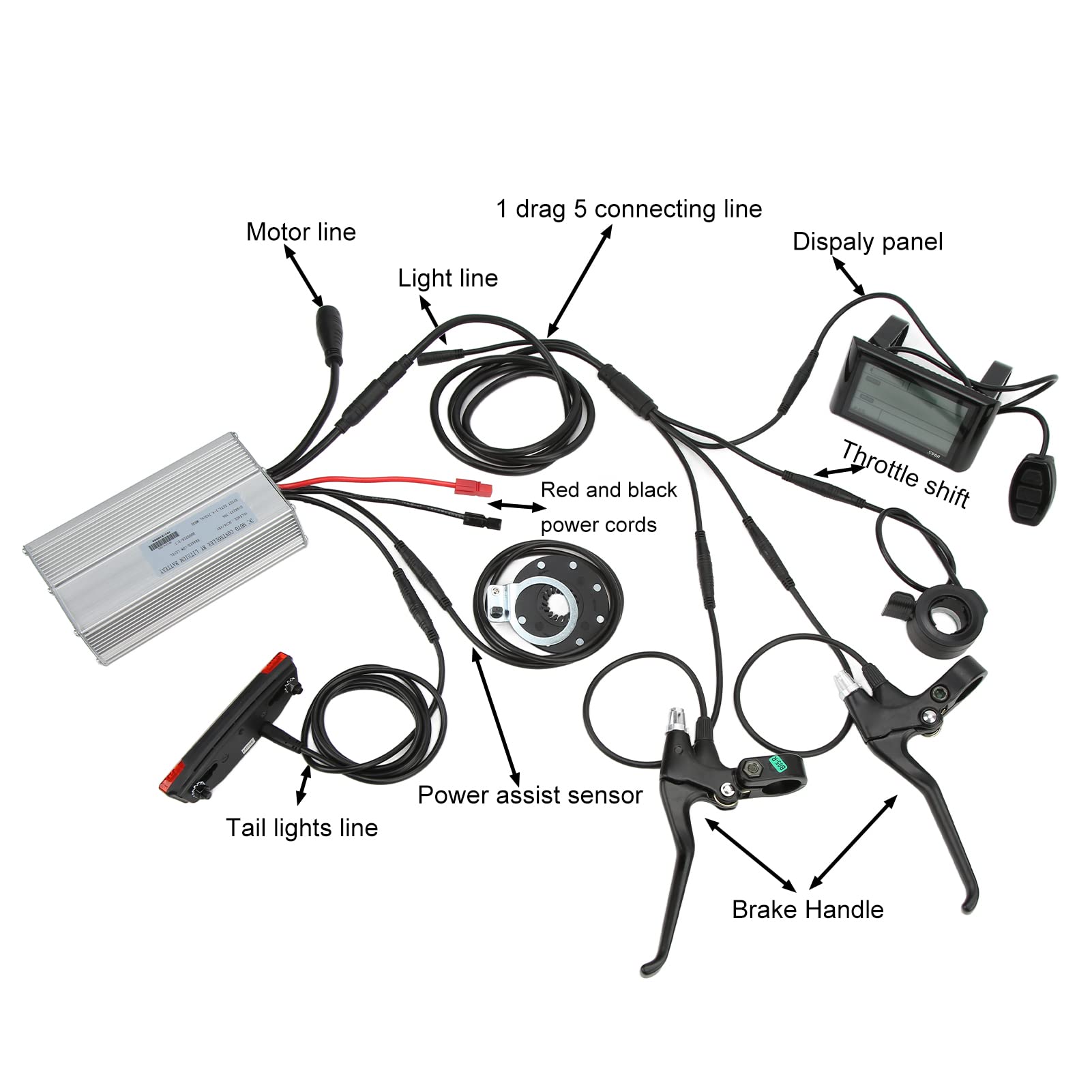 SPYMINNPOO Motor Controller Kit,36/48V 30A 1000W Electric Speed Controller with S900 Display Assist Sensor Brake Handle Wire Tail Light for E-Bike Bike