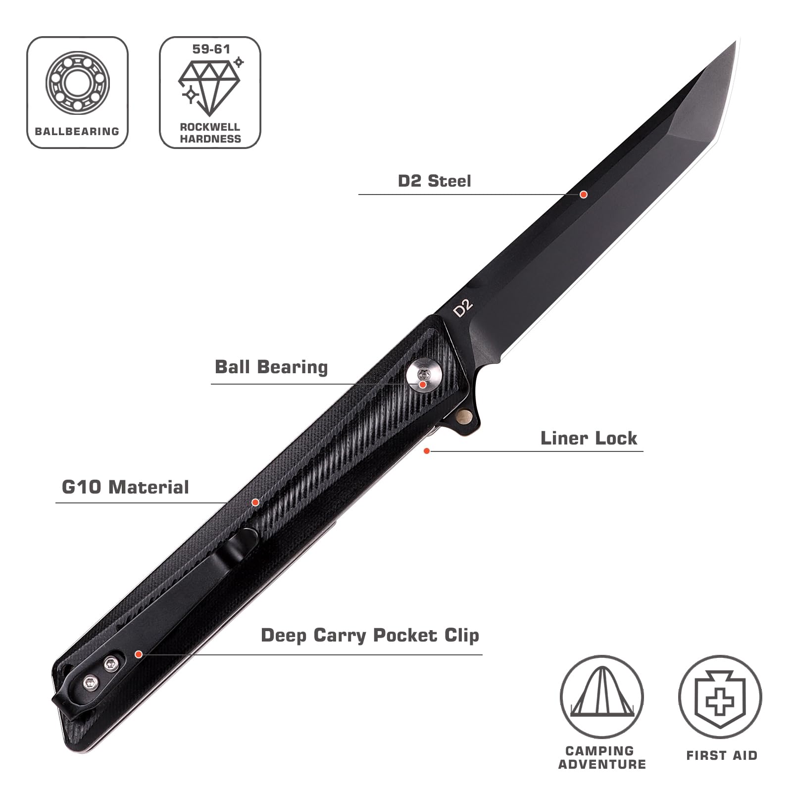 REMETTE Tactical Pocket Knife GD22K,Flip Assisted Opening Pocket knife,Sharp D2 Steel Tanto Folding knife with Durable G10 Handle,Men Women Everyday Carry EDC Knife,Camping Hunting Knives