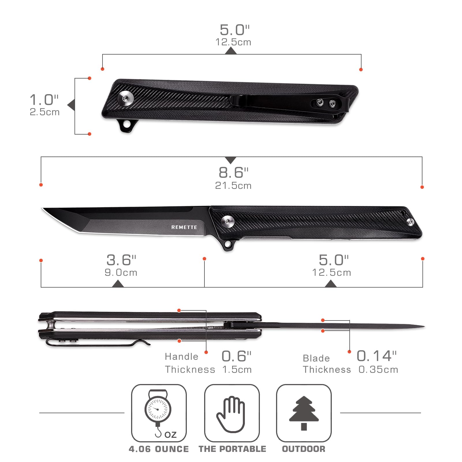 REMETTE Tactical Pocket Knife GD22K,Flip Assisted Opening Pocket knife,Sharp D2 Steel Tanto Folding knife with Durable G10 Handle,Men Women Everyday Carry EDC Knife,Camping Hunting Knives