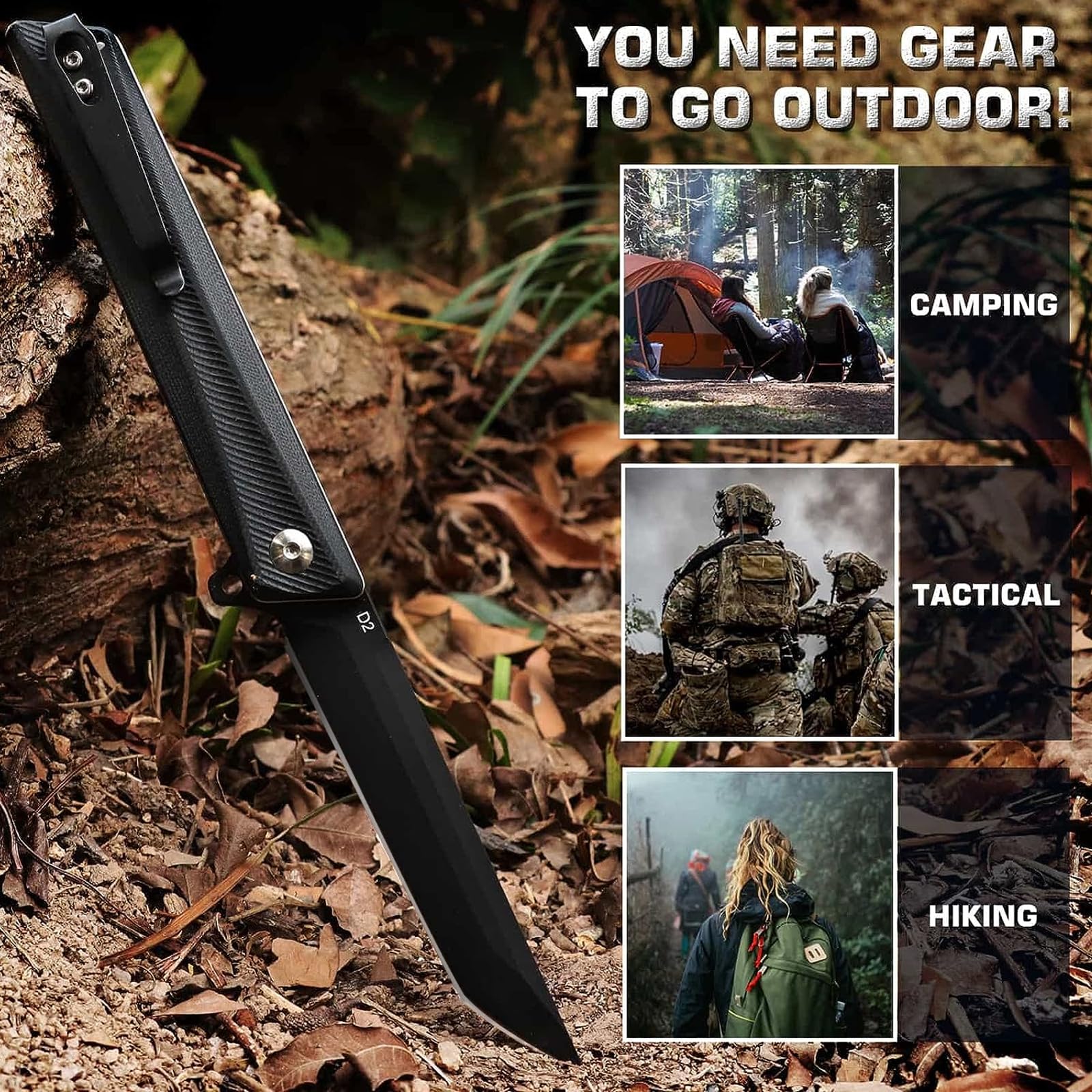 REMETTE Tactical Pocket Knife GD22K,Flip Assisted Opening Pocket knife,Sharp D2 Steel Tanto Folding knife with Durable G10 Handle,Men Women Everyday Carry EDC Knife,Camping Hunting Knives