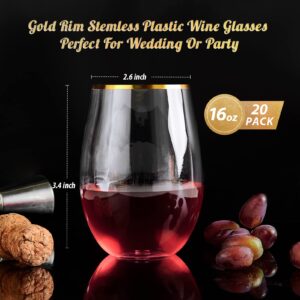 FOCUSLINE 20pcs 16 Oz Plastic Wine Glasses, Stemless Gold Rim, Heavy Duty Disposable Drinking Cups, Reusable Shatterproof for Party & Wedding