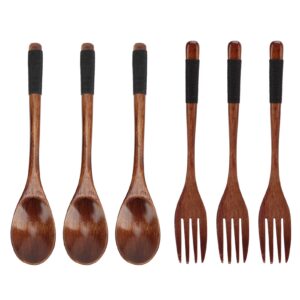 Wooden Silverware, 3 Sets Japanese Spoon and Fork Small Wooden Spoon Kitchen Utensils with Winding Handle