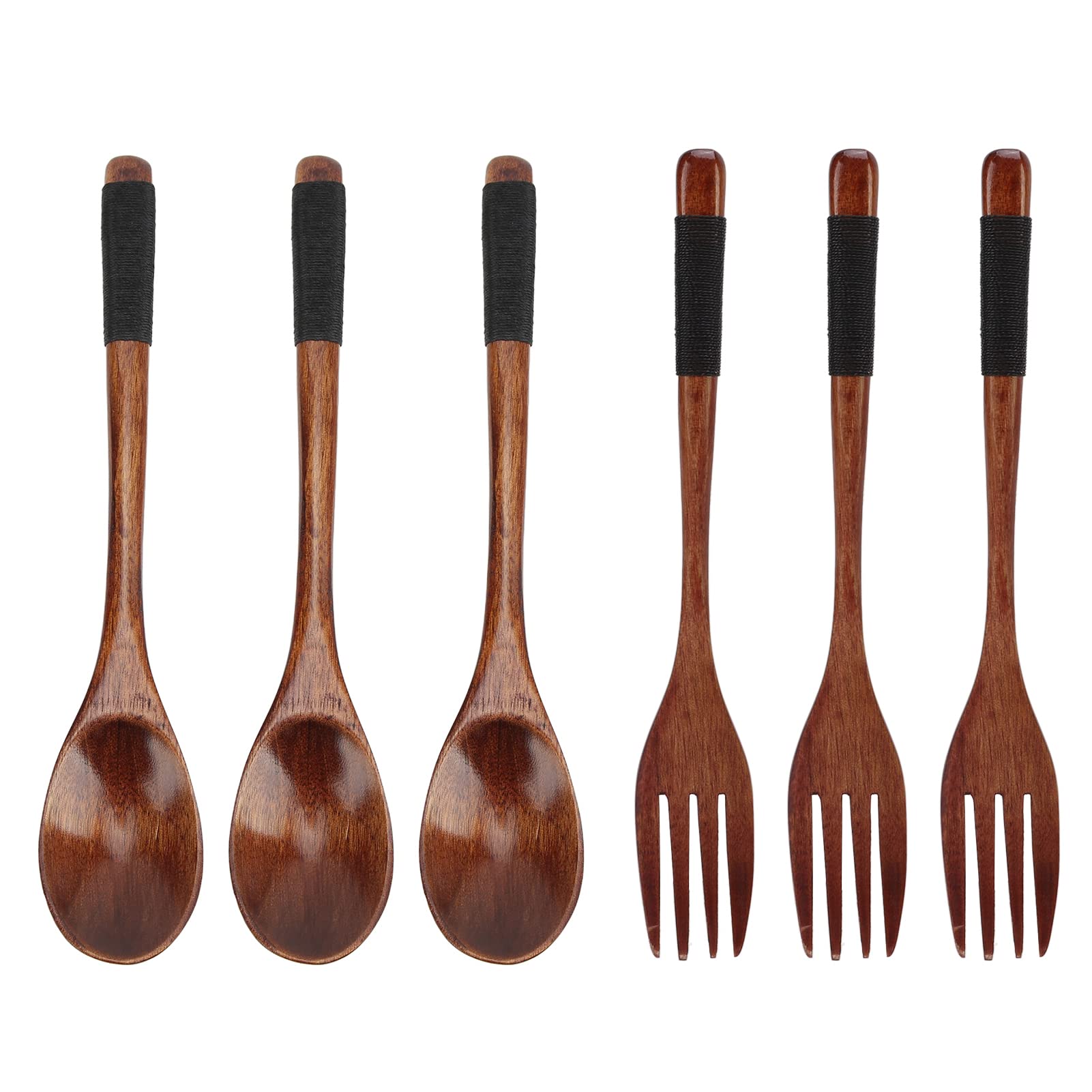 Wooden Silverware, 3 Sets Japanese Spoon and Fork Small Wooden Spoon Kitchen Utensils with Winding Handle