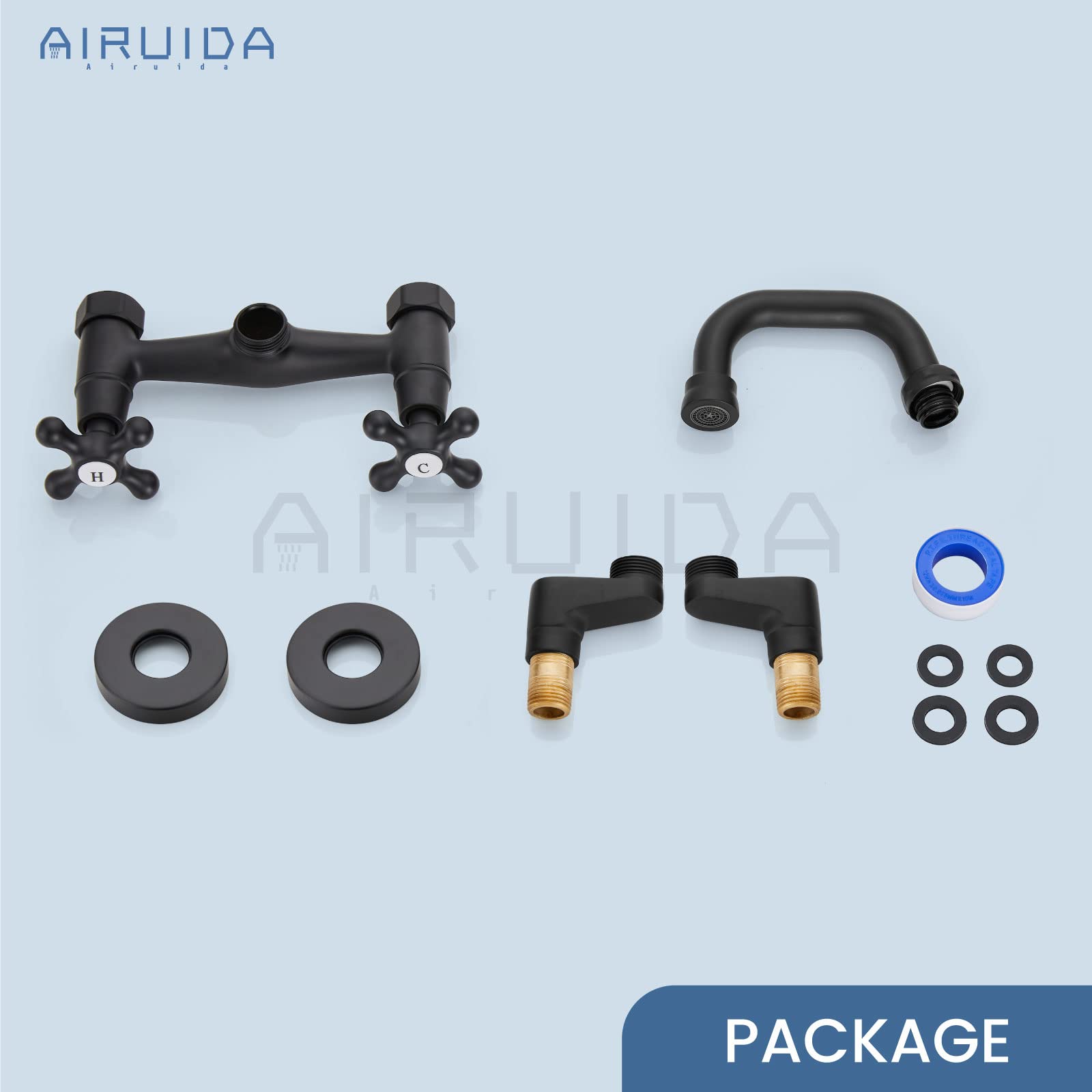 Airuida Matte Black Wall Mount Kitchen Faucet 4 Inch(10cm) Spout Reach Adjustable Center Double Cross Handles Mixer Tap 360 Rotatable Wall Mounted Faucet for Commercial Utility Laundry Restaurant