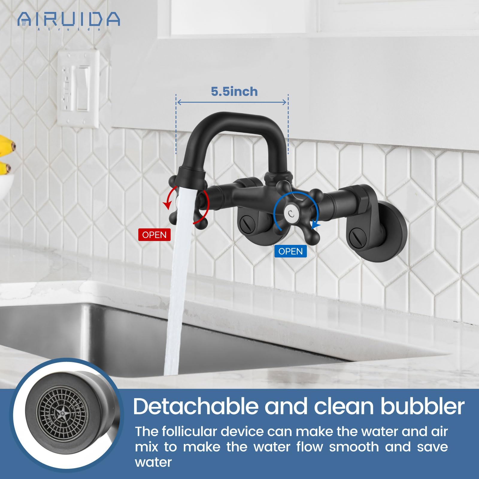 Airuida Matte Black Wall Mount Kitchen Faucet 4 Inch(10cm) Spout Reach Adjustable Center Double Cross Handles Mixer Tap 360 Rotatable Wall Mounted Faucet for Commercial Utility Laundry Restaurant