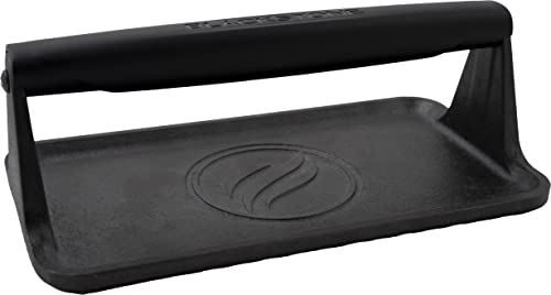 Blackstone 5553 Pre-Seasoned Cast Iron Griddle Press Medium Heavy Duty-Meat, Burger, Bacon, Steak, Panini, Sandwich, Sausage Heat Resistant Rubber Handle-10” x 5.5” (Rectangle), Black