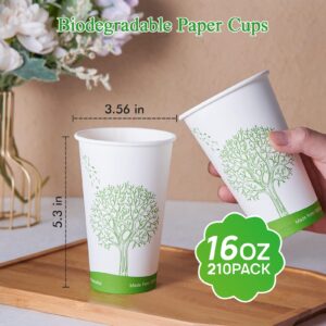 ECOLipak [210 Count] 16 oz Compostable Cups, Biodegradable Disposable Paper Cups with PLA Lined, Eco-friendly Paper Coffee Cups for Party, Picnic,Travel,and Events