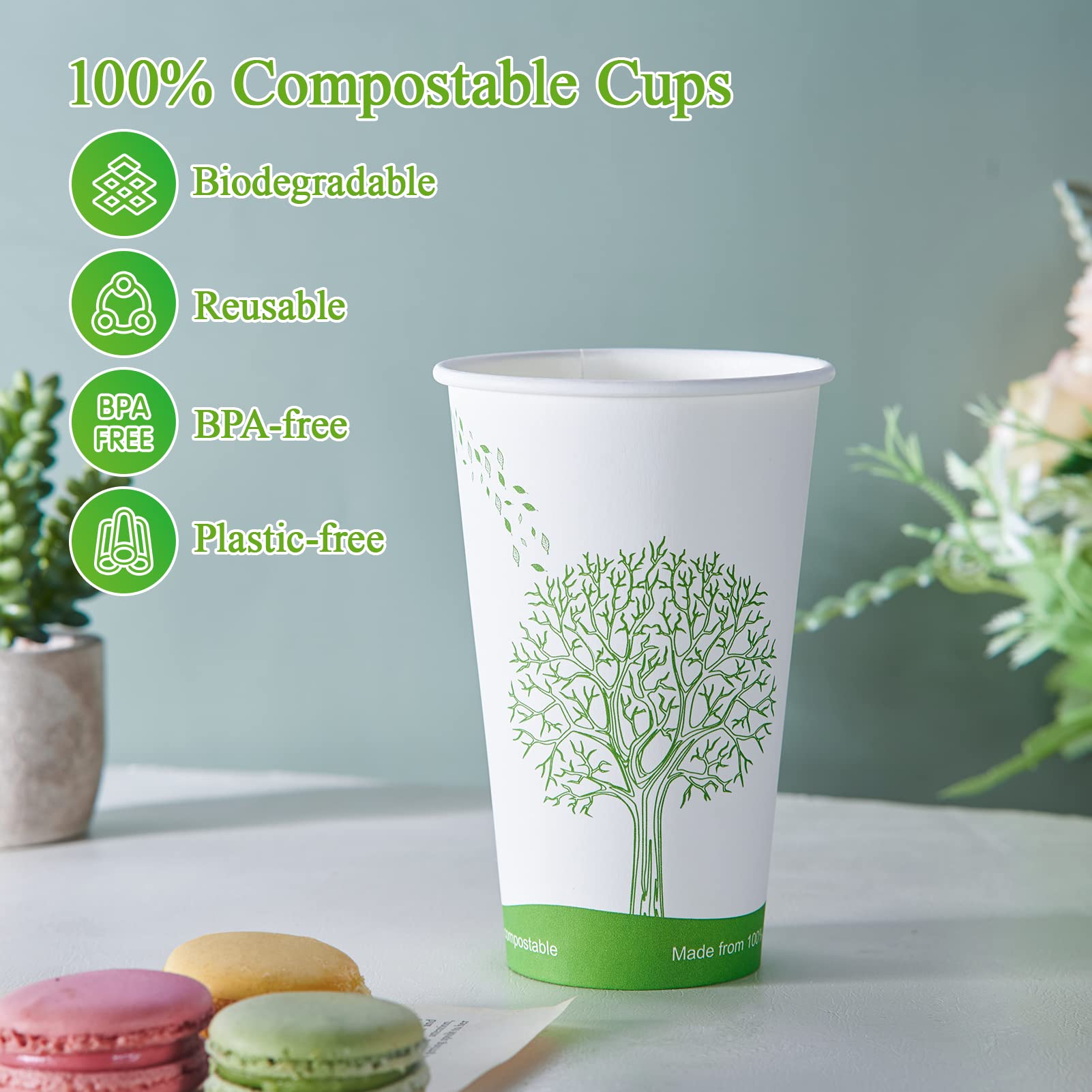 ECOLipak [210 Count] 16 oz Compostable Cups, Biodegradable Disposable Paper Cups with PLA Lined, Eco-friendly Paper Coffee Cups for Party, Picnic,Travel,and Events