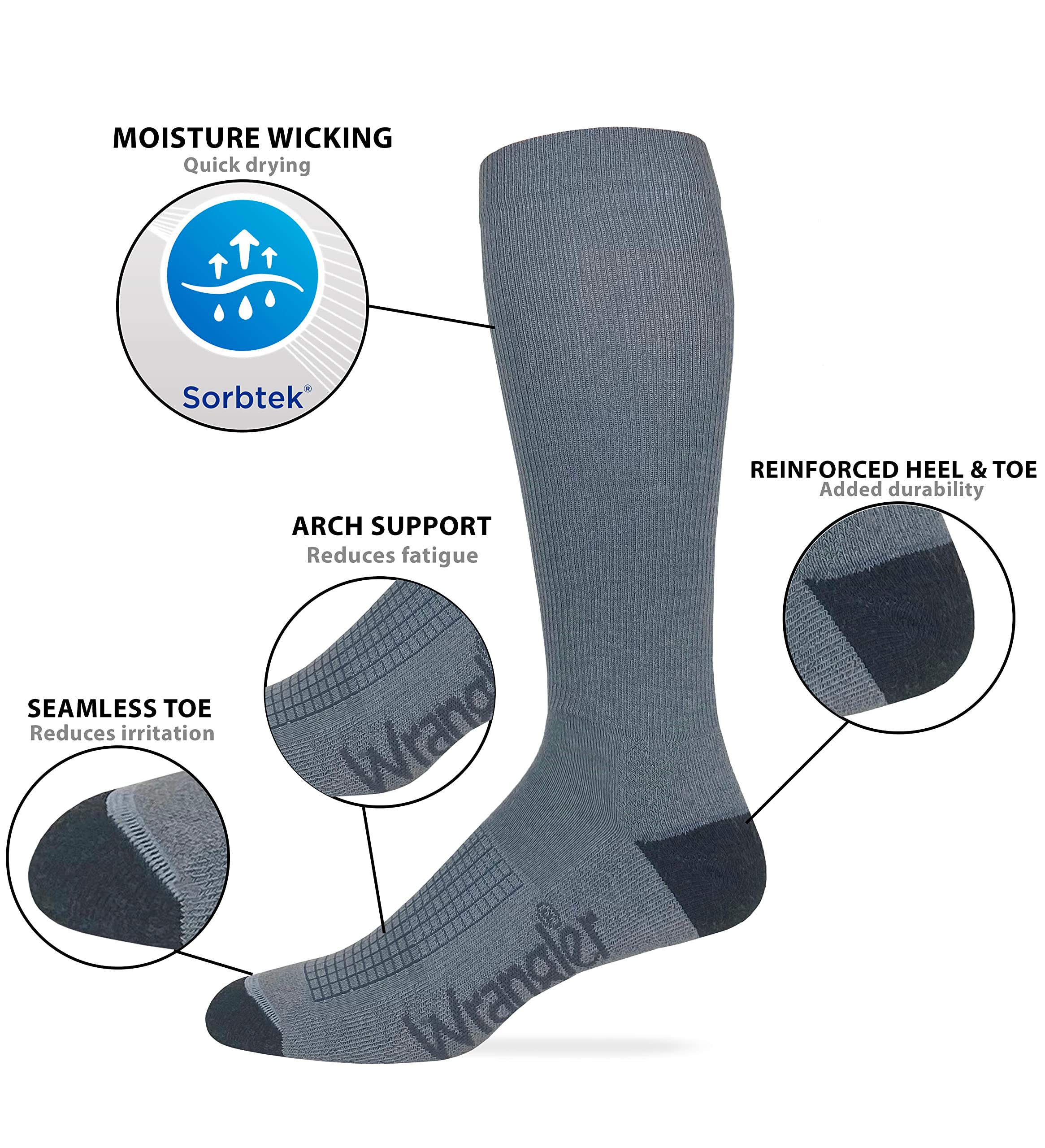 Wrangler Mens Ultra Dri Sorbtek Seamless Toe Tall Boot Socks 3 Pair Pack (Large, Grey)