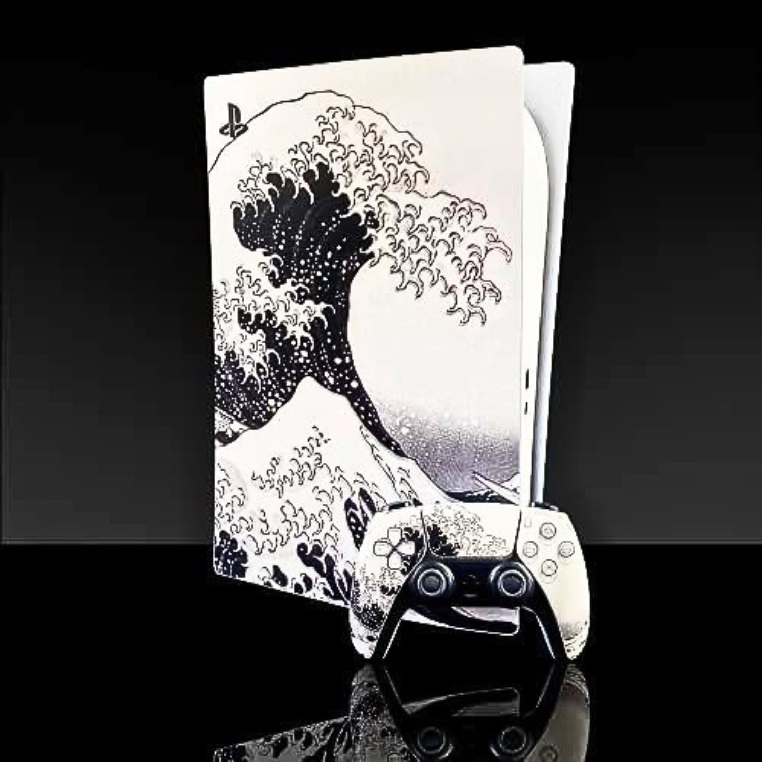 BelugaDesign PS5 Wave Japanese Skin | Painting Great Kanagawa Vinyl Cover Wrap Sticker Full Set Console Controller | Compatible with Sony Playstation 5 (PS5 Digital Edition, Black White)