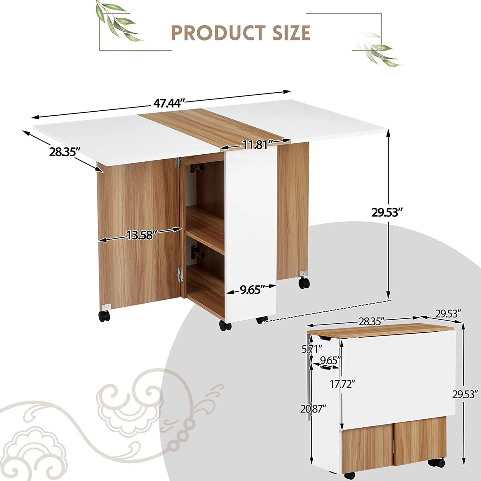 JOMEED Folding Dining Table with 6 Wheels, Drawer and 2-layer Storage Shelf, Drop Leaf Table for Small Space Space Saving Dining Table for Kitchen, Living Room (White and Wood Grain)