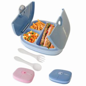 BUBBLOO Bento Box for Kids with Silverware - 3 Compartment Ideal Portion Sizes - BPA Free Removable Plastic Tray - Leak Proof Kids Lunch Box, Blue