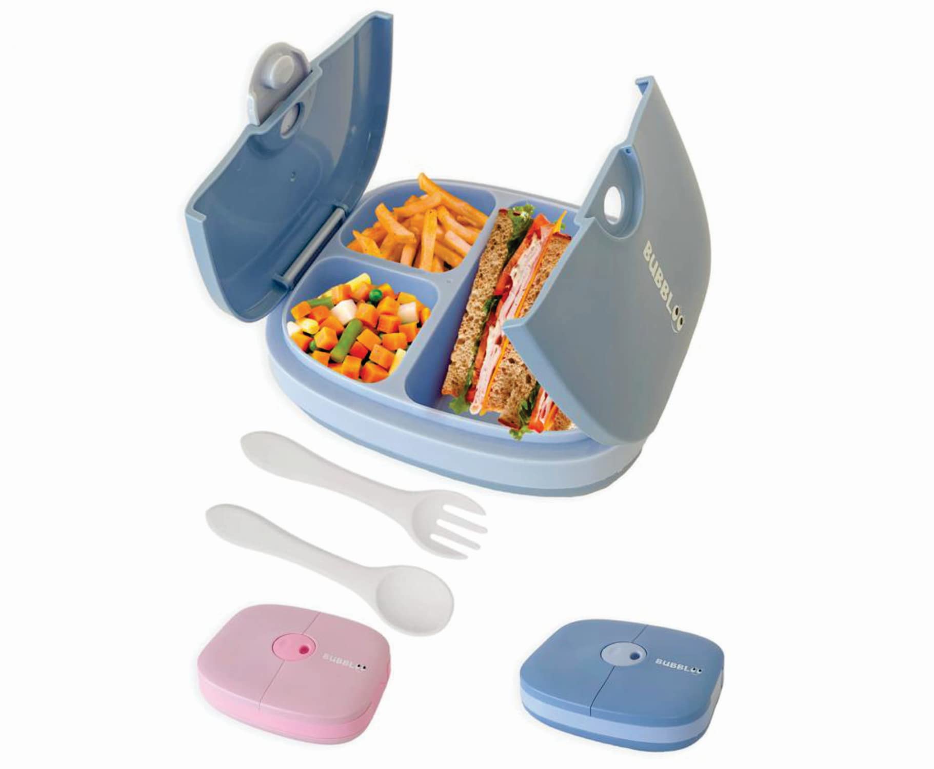 BUBBLOO Bento Box for Kids with Silverware - 3 Compartment Ideal Portion Sizes - BPA Free Removable Plastic Tray - Leak Proof Kids Lunch Box, Blue