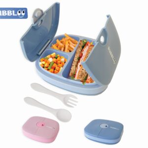 BUBBLOO Bento Box for Kids with Silverware - 3 Compartment Ideal Portion Sizes - BPA Free Removable Plastic Tray - Leak Proof Kids Lunch Box, Blue