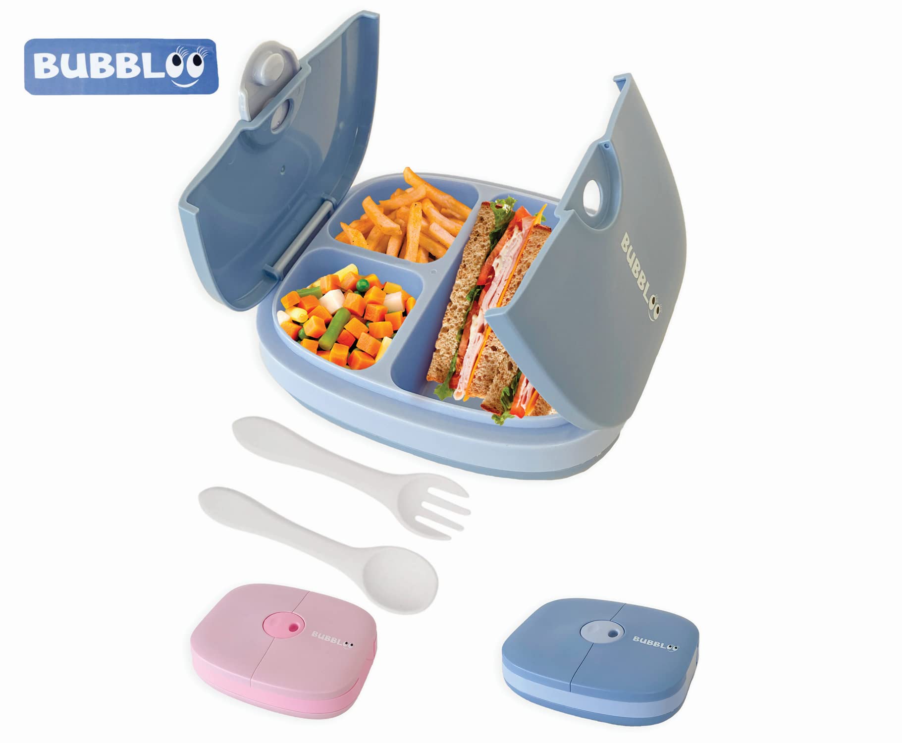 BUBBLOO Bento Box for Kids with Silverware - 3 Compartment Ideal Portion Sizes - BPA Free Removable Plastic Tray - Leak Proof Kids Lunch Box, Blue