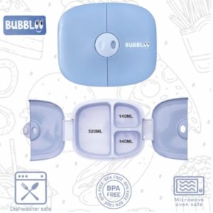 BUBBLOO Bento Box for Kids with Silverware - 3 Compartment Ideal Portion Sizes - BPA Free Removable Plastic Tray - Leak Proof Kids Lunch Box, Blue