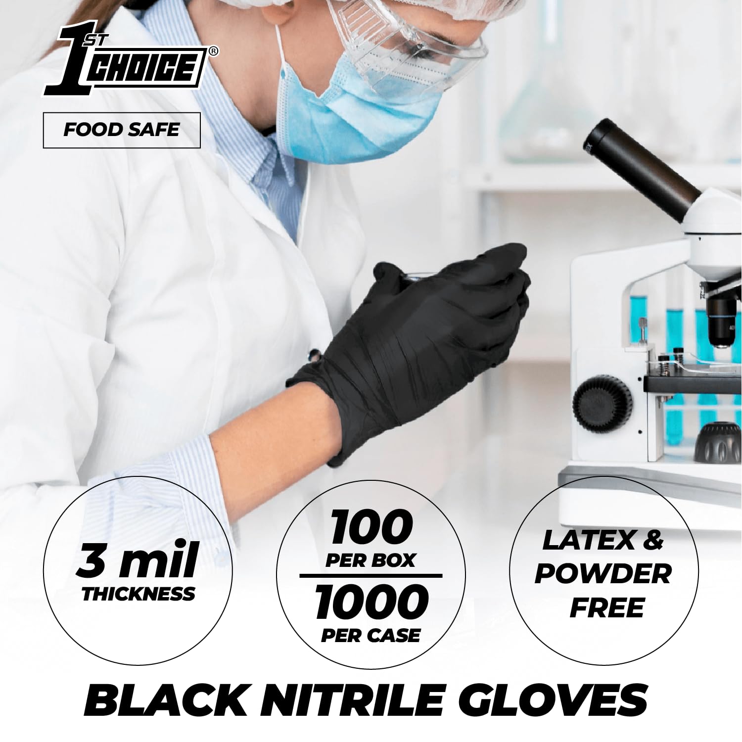 1st Choice Black Nitrile Gloves 2 Boxes of 100 Large Gloves Disposable Latex Free - Exam Grade Black Gloves for Cooking - 3mil