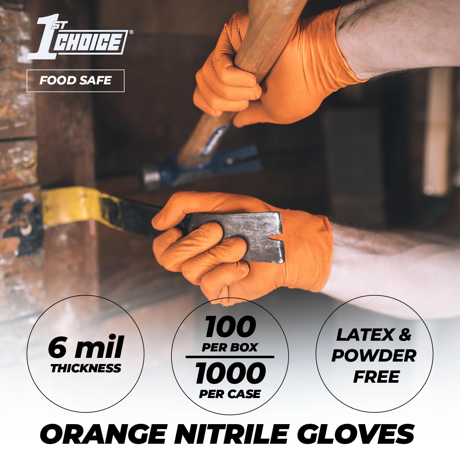 1st Choice 6 mil Mechanic Gloves, Nitrile Gloves Disposable Latex Free - Large Box of 100 Orange Nitrile Disposable Gloves