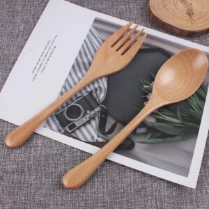 Alvinlite 2Pcs (1 Set) Wood Soup Spoons And Forks Sets, Natural Wood Eating Utensils Wooden Flatware Set, Eco Friendly Wood Cutlery Wooden Dinner Fork And Spoon, 1 Spoons and 1 Forks