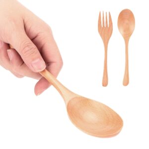 Alvinlite 2Pcs (1 Set) Wood Soup Spoons And Forks Sets, Natural Wood Eating Utensils Wooden Flatware Set, Eco Friendly Wood Cutlery Wooden Dinner Fork And Spoon, 1 Spoons and 1 Forks