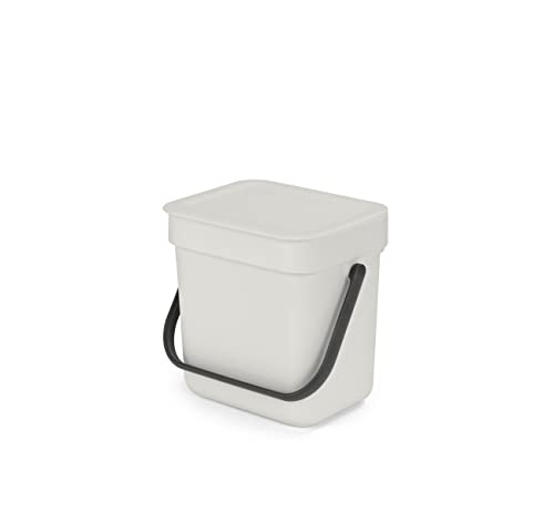 Brabantia Sort & Go Food Trash Can (0.8 Gal/Light Gray) Small Countertop Kitchen Compost Caddy with Handle & Removable Lid, Easy Clean