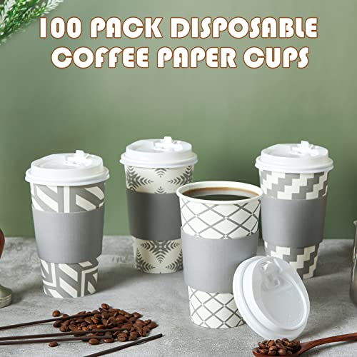 LITOPAK 100 Pack 16 oz Paper Coffee Cups, Disposable Coffee Cups with Lid, Sleeve, and Straws, Four Designs of Hot Coffee Cups, Disposable Paper Cups, and Drink Cups for Home, Stores, and Cafes.