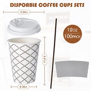 LITOPAK 100 Pack 16 oz Paper Coffee Cups, Disposable Coffee Cups with Lid, Sleeve, and Straws, Four Designs of Hot Coffee Cups, Disposable Paper Cups, and Drink Cups for Home, Stores, and Cafes.