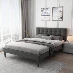 lijimei queen bed frame with headboard, platform bed with wood slats support and tufted stitched upholstered headboard, mattress foundation, no box spring needed, easy assembly, noise free, dark gray