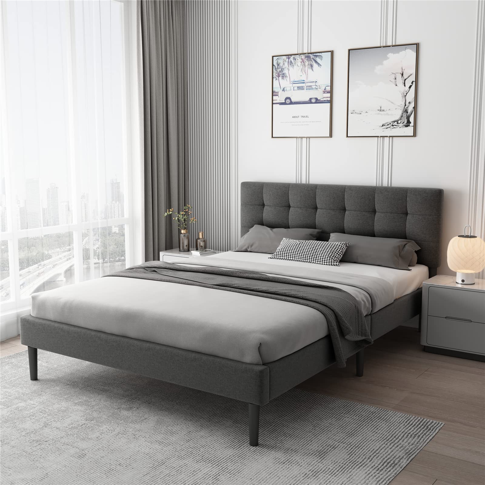 Lijimei Queen Bed Frame with Headboard, Platform Bed with Wood Slats Support and Tufted Stitched Upholstered Headboard, Mattress Foundation, No Box Spring Needed, Easy Assembly, Noise Free, Dark Gray