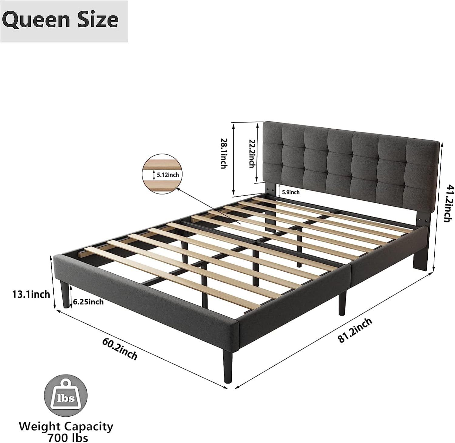 Lijimei Queen Bed Frame with Headboard, Platform Bed with Wood Slats Support and Tufted Stitched Upholstered Headboard, Mattress Foundation, No Box Spring Needed, Easy Assembly, Noise Free, Dark Gray