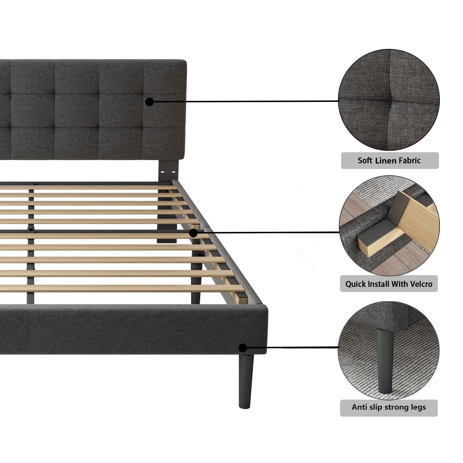 Lijimei Queen Bed Frame with Headboard, Platform Bed with Wood Slats Support and Tufted Stitched Upholstered Headboard, Mattress Foundation, No Box Spring Needed, Easy Assembly, Noise Free, Dark Gray