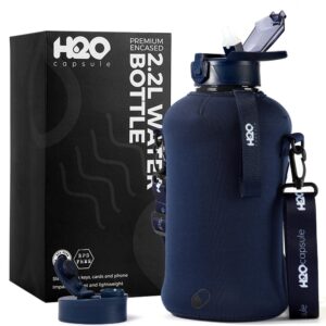 h2o capsule 2.2l half gallon water bottle with storage sleeve and covered straw lid – bpa free large reusable drink container with handle - big sports jug, 2.2 liter (74 ounce) navy blue