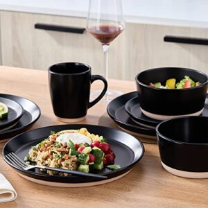 Stone Lain Jules Modern Stoneware 16-piece Round Black Dinnerware Set, Plates and Bowls Sets, Dish Set for 4, Black