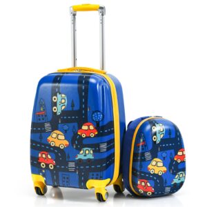 gymax 2pc kid carry on luggage set, 12" & 18" kids suitcase with 4 spinner wheels, travel rolling trolley (cars)