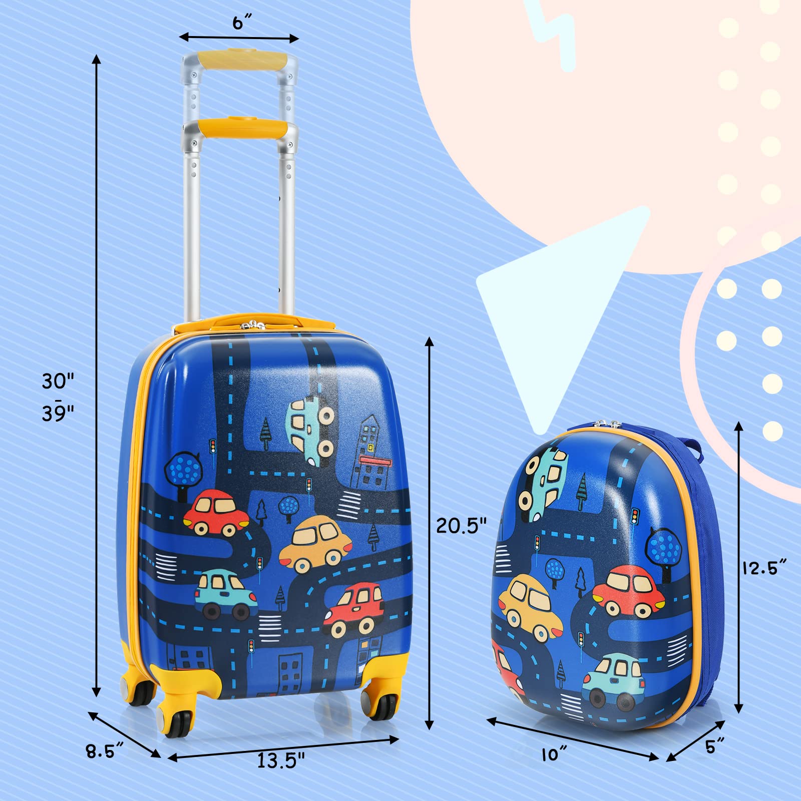 GYMAX 2Pc Kid Carry On Luggage Set, 12" & 18" Kids Suitcase with 4 Spinner Wheels, Travel Rolling Trolley (Cars)