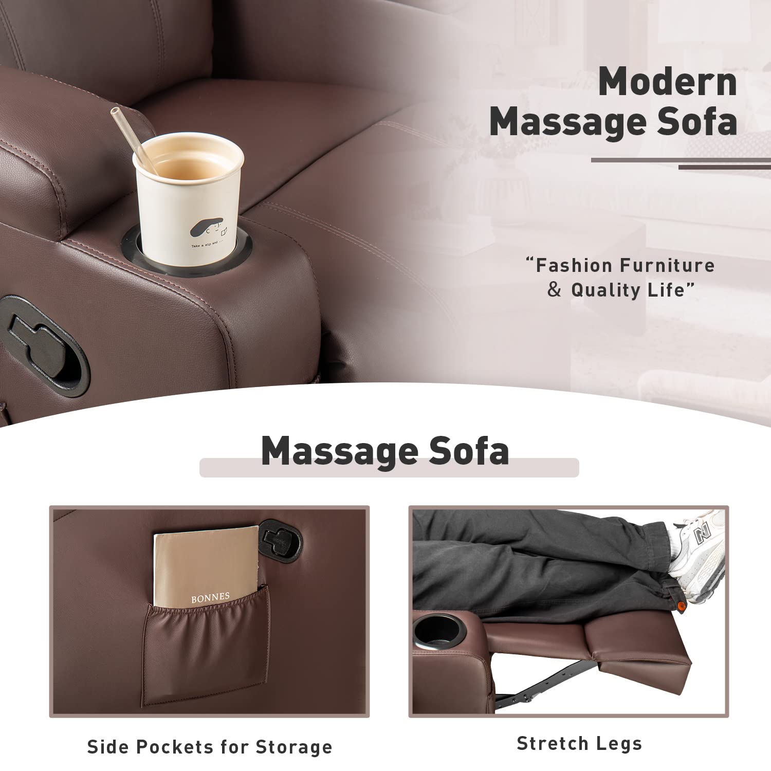 YESHOMY Swivel Rocker Recliner with Massage and Heating Functions, Sofa Chair with Remote Control and Two Cup Holders, Suitable for Living Room, PU Leather Brown