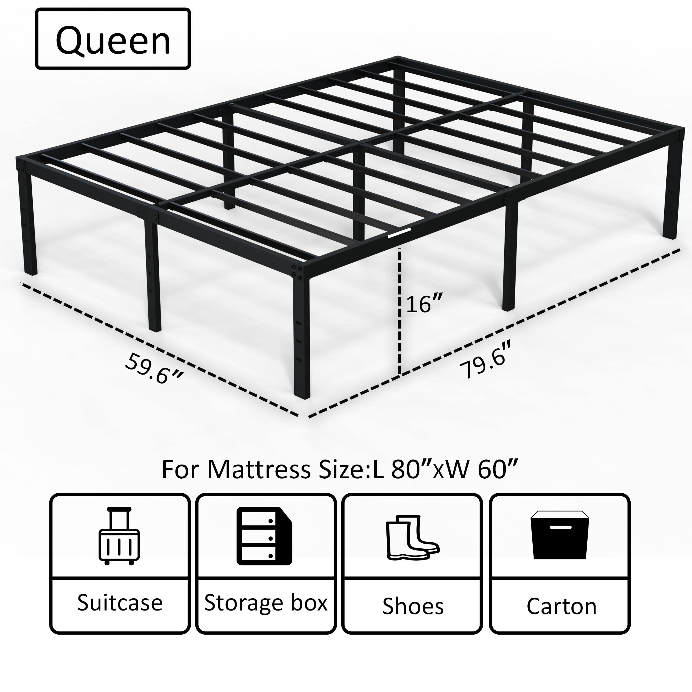 EMODA 16 Inch Bed Frame Queen Size Heavy Duty Metal Platform No Box Spring Needed with Steel Slat Support, Easy Assembly, Black