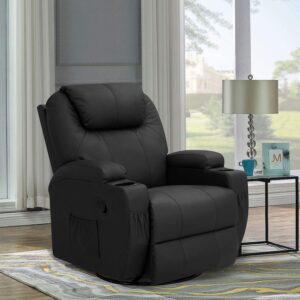 YESHOMY Swivel Rocker Recliner with Massage and Heating Functions, Sofa Chair with Remote Control and Two Cup Holders, Suitable for Living Room, Dark Black