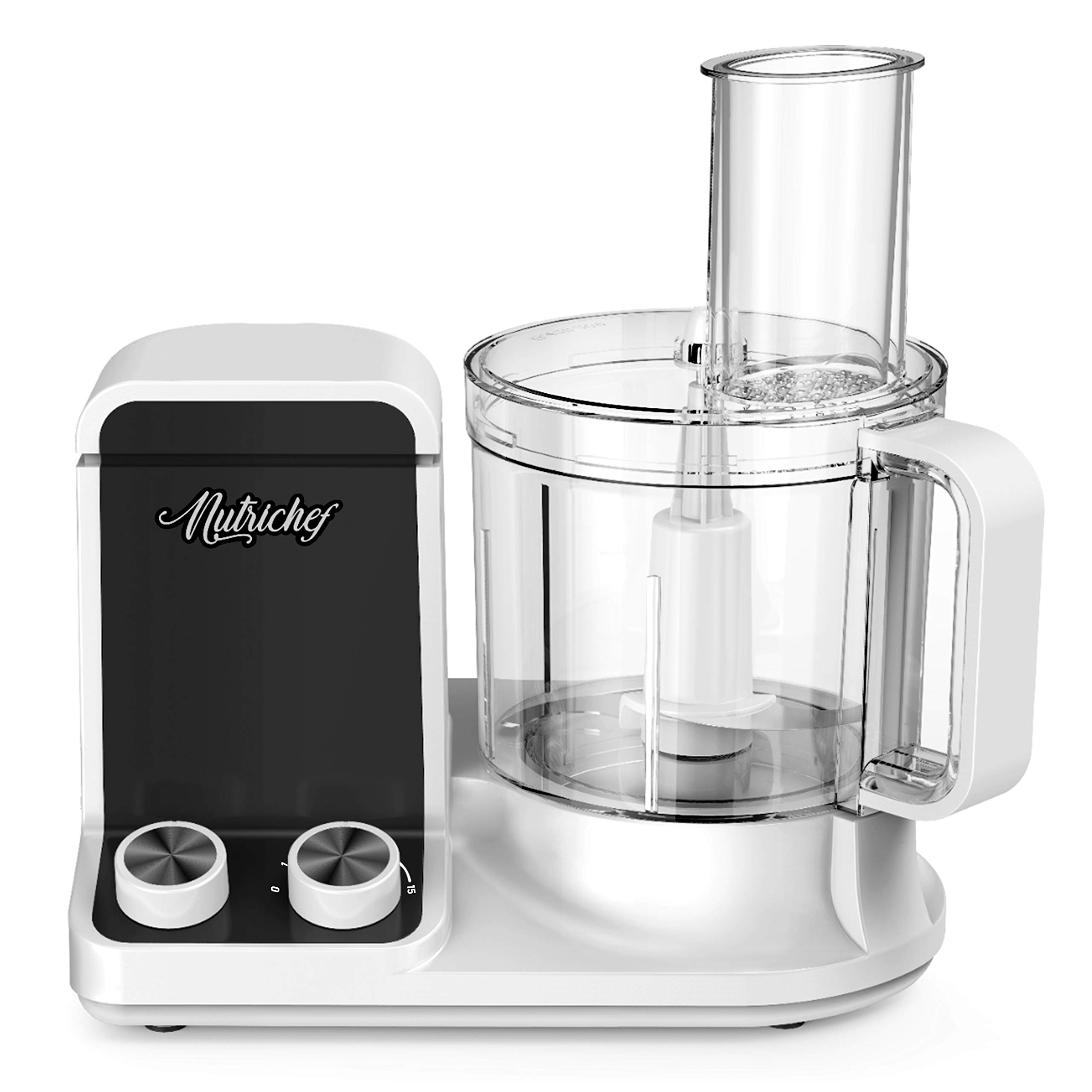 NutriChefKitchen Multipurpose 12 Cup Food Processor - Ultra Quiet 600 Watt Powered Electric & Vegetable Chopper w/Pre-set Speed Function for Easy Prep 6 Attachment Blades NCFP8.7, Black, White