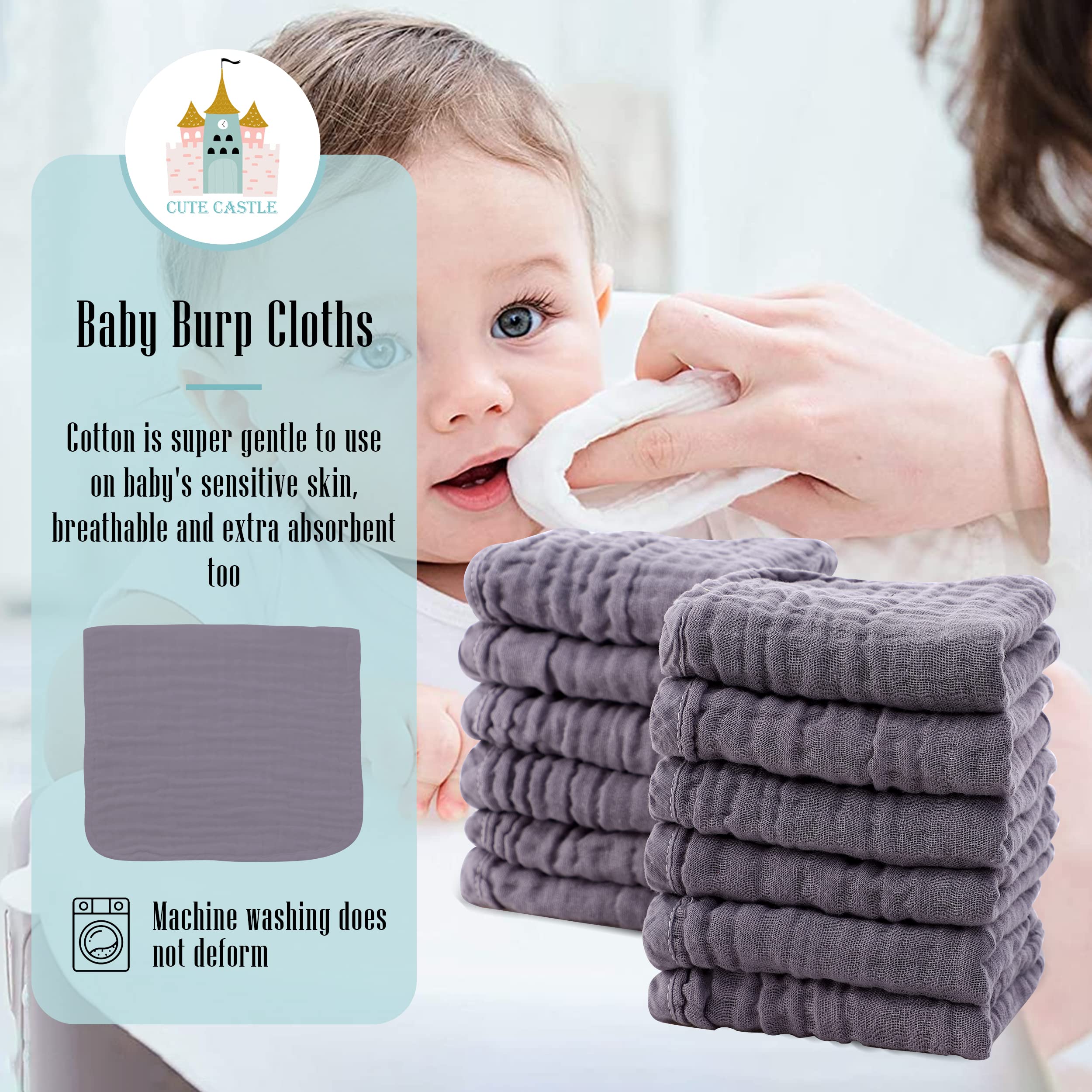 Cute Castle 12 Pack Muslin Burp Cloths for Baby - Ultra-Soft 100% Cotton Baby Washcloths - Large 20'' by 10'' Super Absorbent Milk Spit Up Rags - Burpy Cloths for Unisex, Boy, Girl - Grey